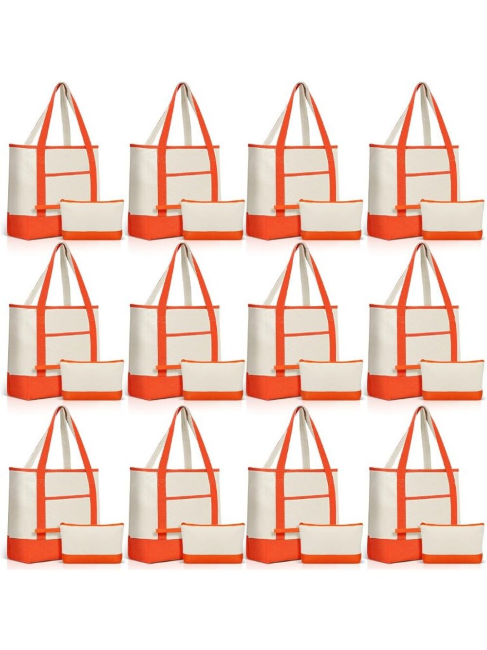 24 Pack 18'' Canvas Tote Bags with Makeup Bag - Stylish Orange Bulk Set